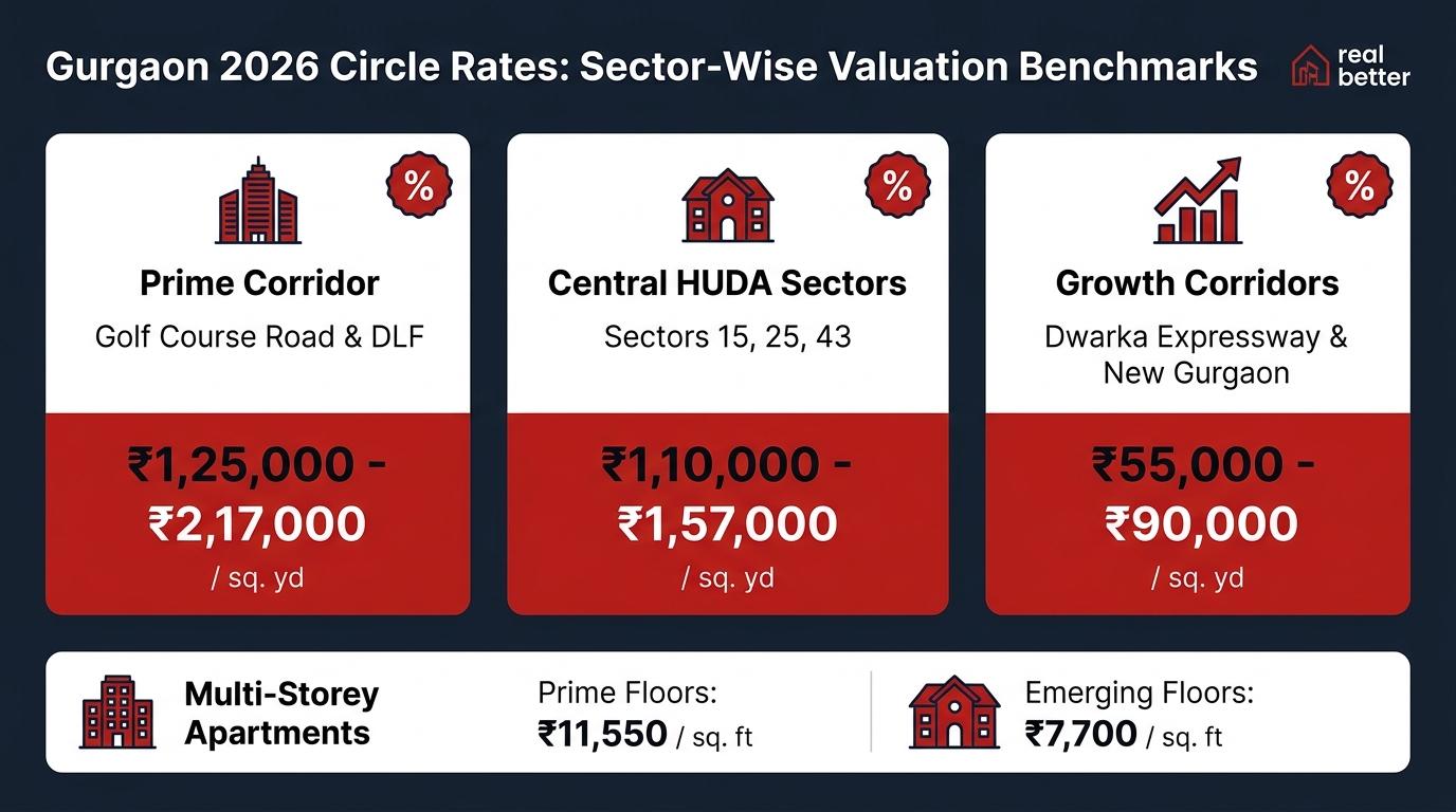 Gurgaon Circle Rates 2026 Sector-Wise Valuation Benchmarks Infographic