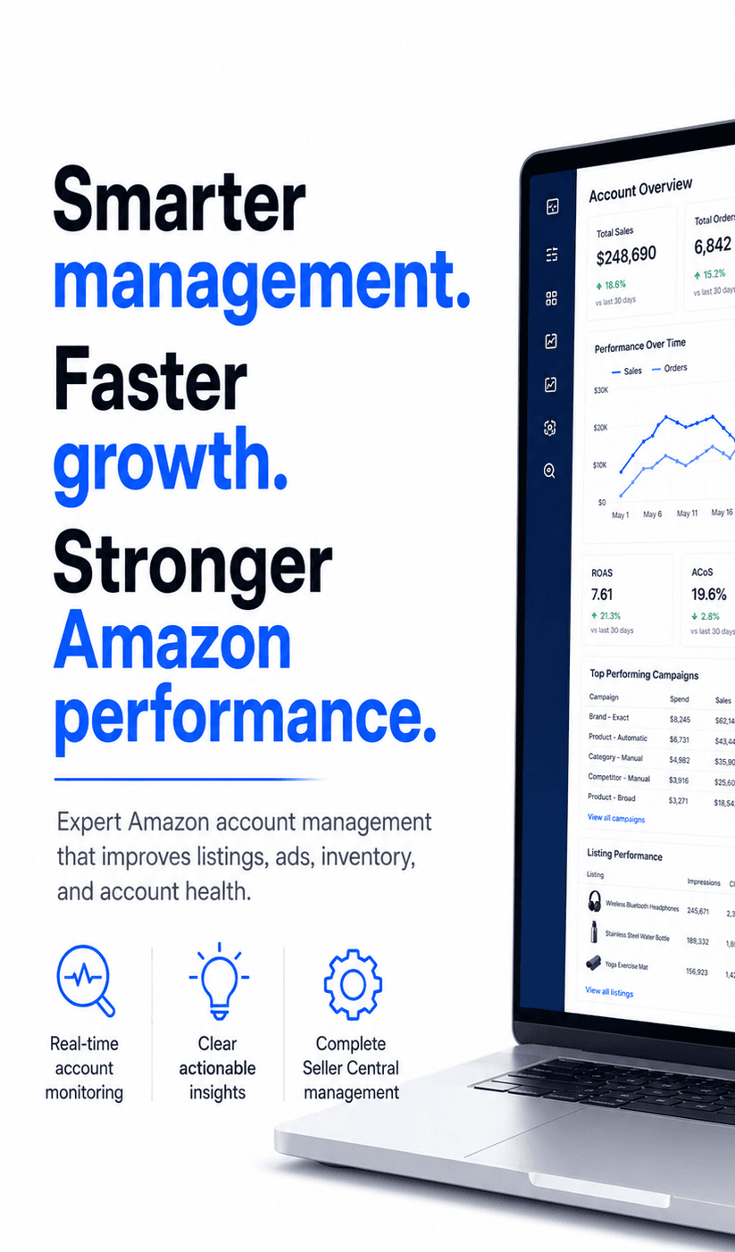 our Stop relying on guesswork. Our Amazon account management experts monitor, optimise, and improve every part of your marketplace performance.
